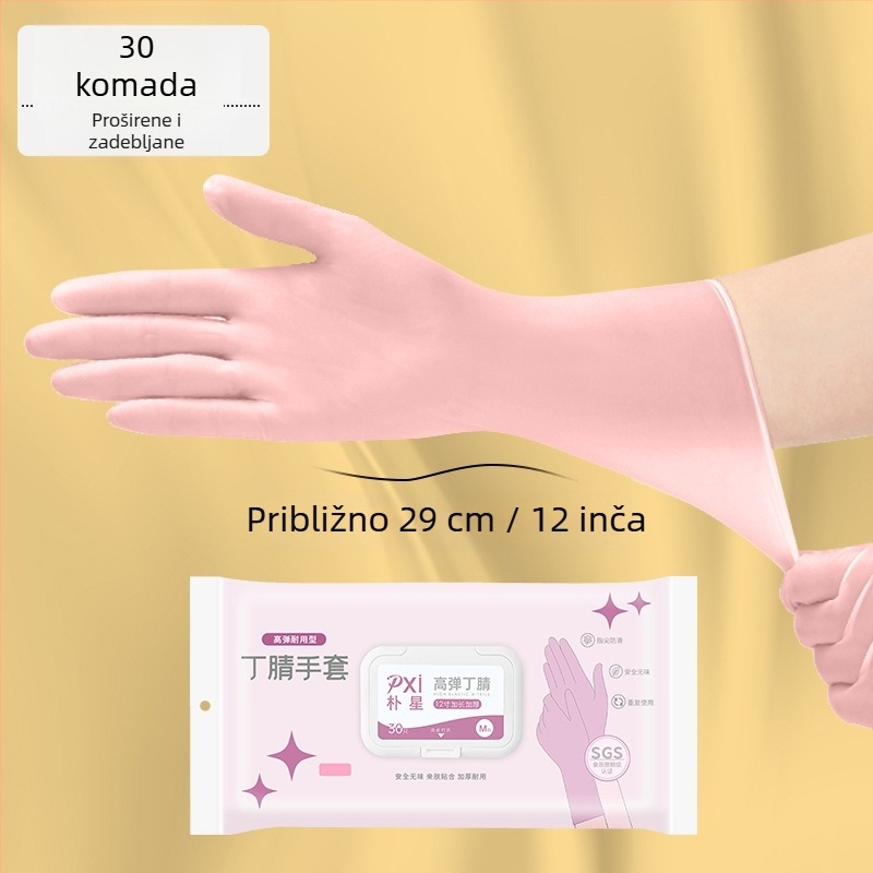 Jednokratne nitrilne rukavice, prehrambene kvalitete, produžene i deblje, za kućno čišćenje i kuhinjske poslove, izdržljive i vodootporne, udobno pristaju.