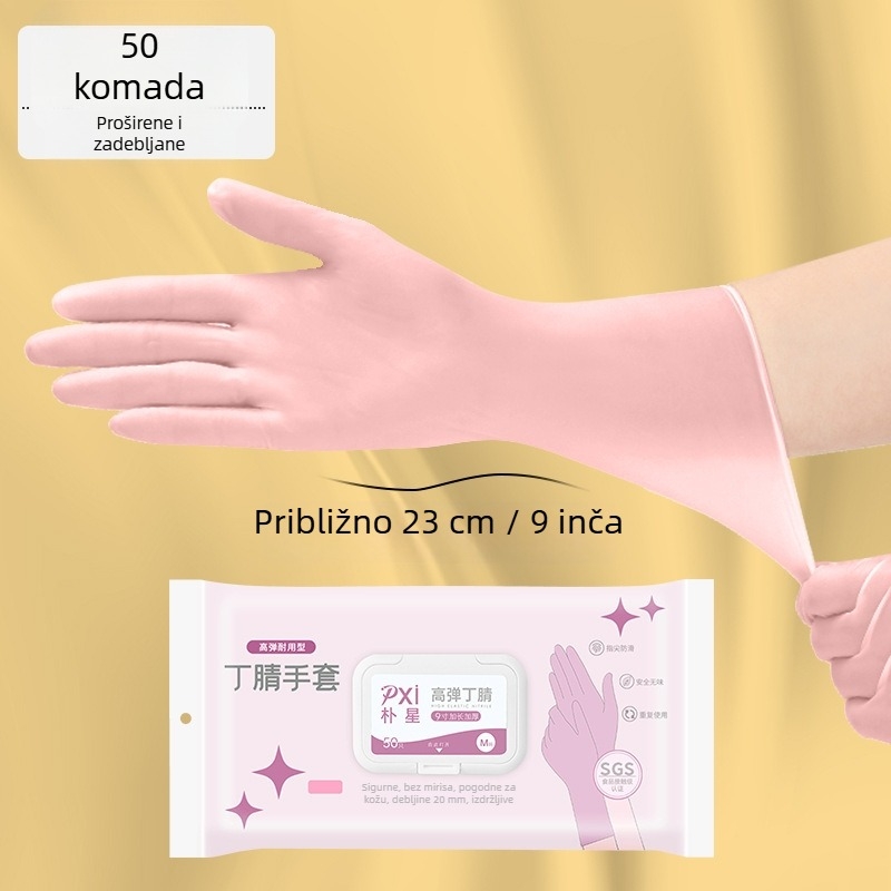 Jednokratne nitrilne rukavice, prehrambene kvalitete, produžene i deblje, za kućno čišćenje i kuhinjske poslove, izdržljive i vodootporne, udobno pristaju.