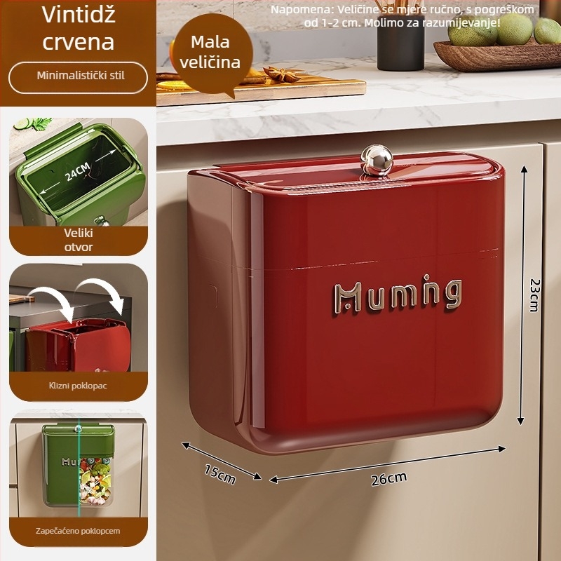 Zidni koš za otpatke s poklopcem za kuhinju i kupaonu, bez bušenja, uski kompaktni dizajn, 6 l