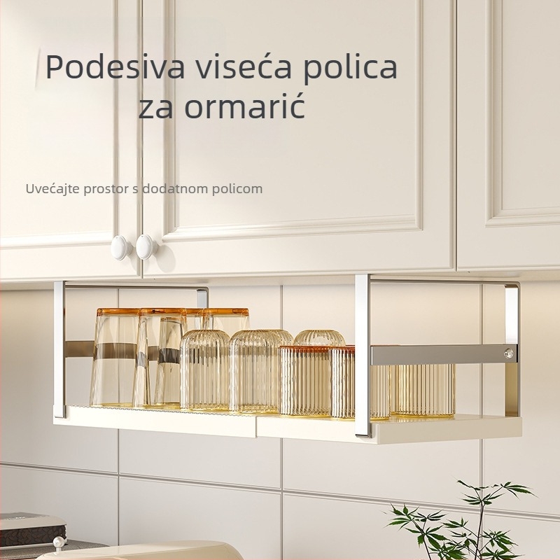 Proširivi kuhinjski stalak za skladištenje s višeslojni organizatorom za začine i visećim košom ispod ormarića
