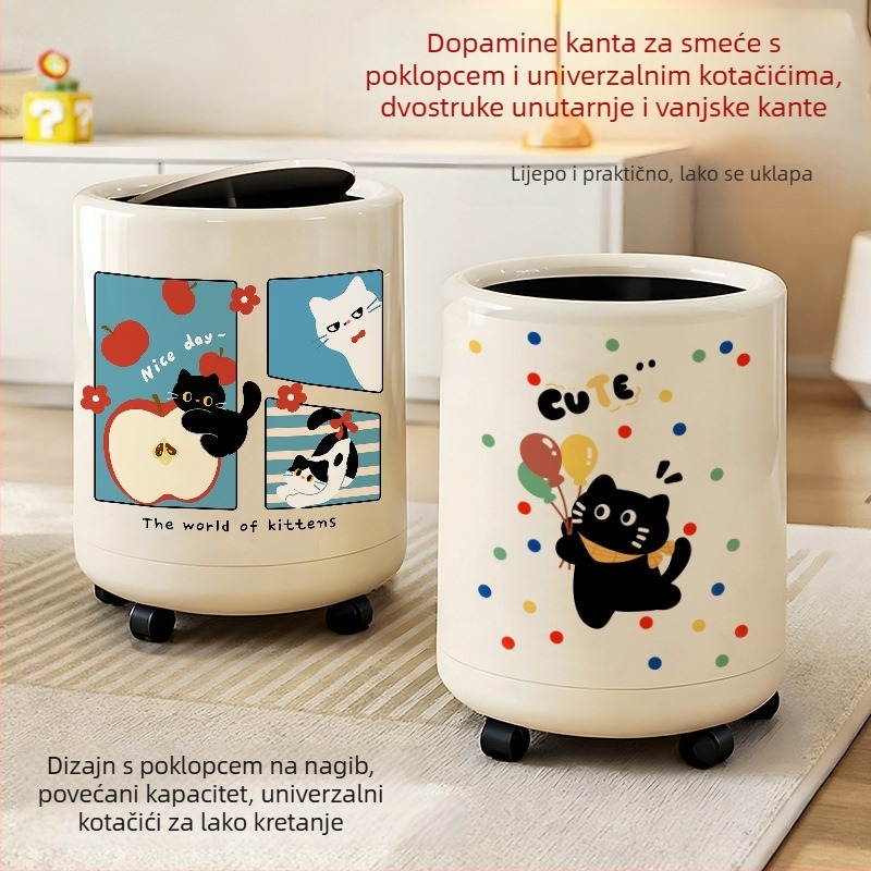 Kanta za smeće s crtanim retro dizajnom, dvostruki sloj, okruglog oblika, velikog kapaciteta za kuhinju i ured, slatka kanta