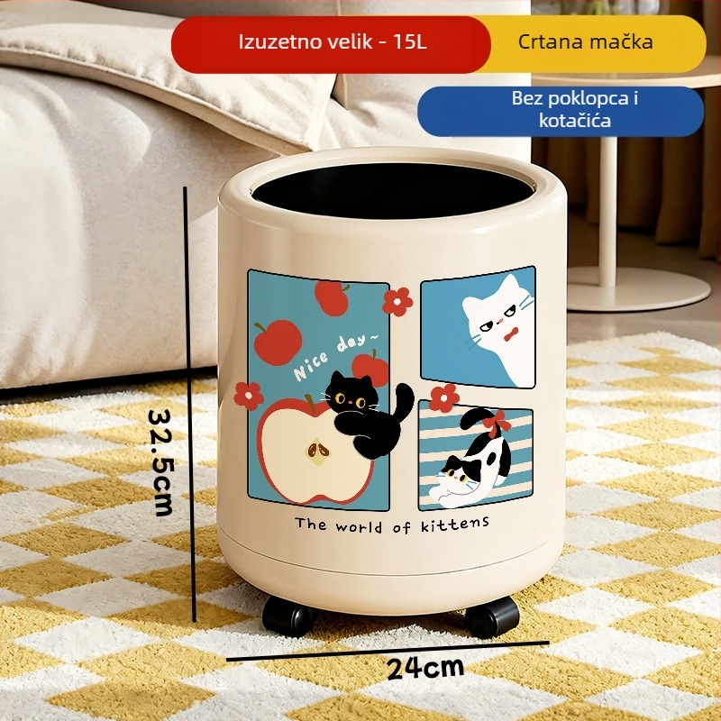 Kanta za smeće s crtanim retro dizajnom, dvostruki sloj, okruglog oblika, velikog kapaciteta za kuhinju i ured, slatka kanta