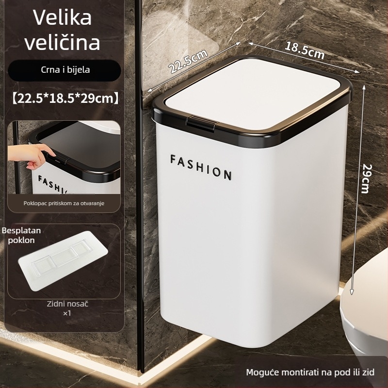Zidni kanta za smeće s pritisknim poklopcem, kvadratna, plastična, 12 L ili više, za kućanstvo (dnevni boravak, spavaća soba, kupaonica)