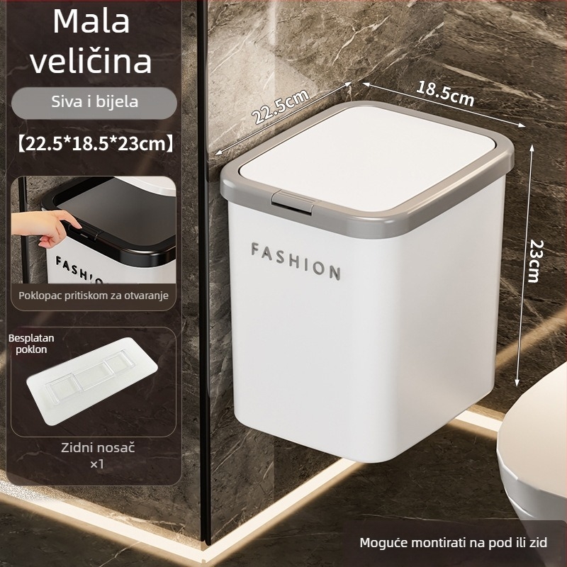 Zidni kanta za smeće s pritisknim poklopcem, kvadratna, plastična, 12 L ili više, za kućanstvo (dnevni boravak, spavaća soba, kupaonica)
