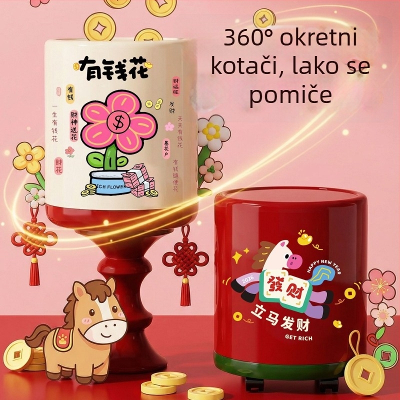Kućni smećar s kotačićima, dizajn Godina Konja, s poklopcem, 8 L, za dnevni boravak i spavaću sobu