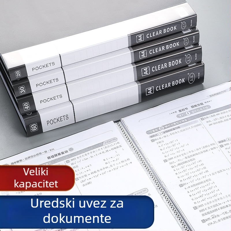 Crna A4 fascikla s prozirnim džepovima, višeslojni organizator informacija za dokumente i nastavne materijale