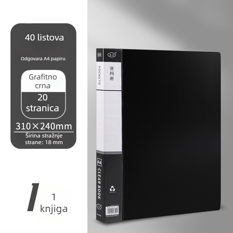 Crna A4 fascikla s prozirnim džepovima, višeslojni organizator informacija za dokumente i nastavne materijale