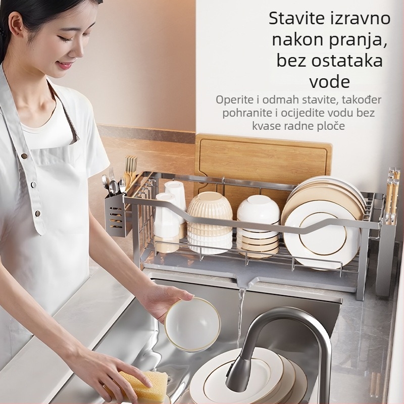 Stalak za odvodnju od nehrđajućeg čelika 304, uski brid, kuhinjska pohrana, višenamjenska košara za odvodnju posuđa uz sudoper