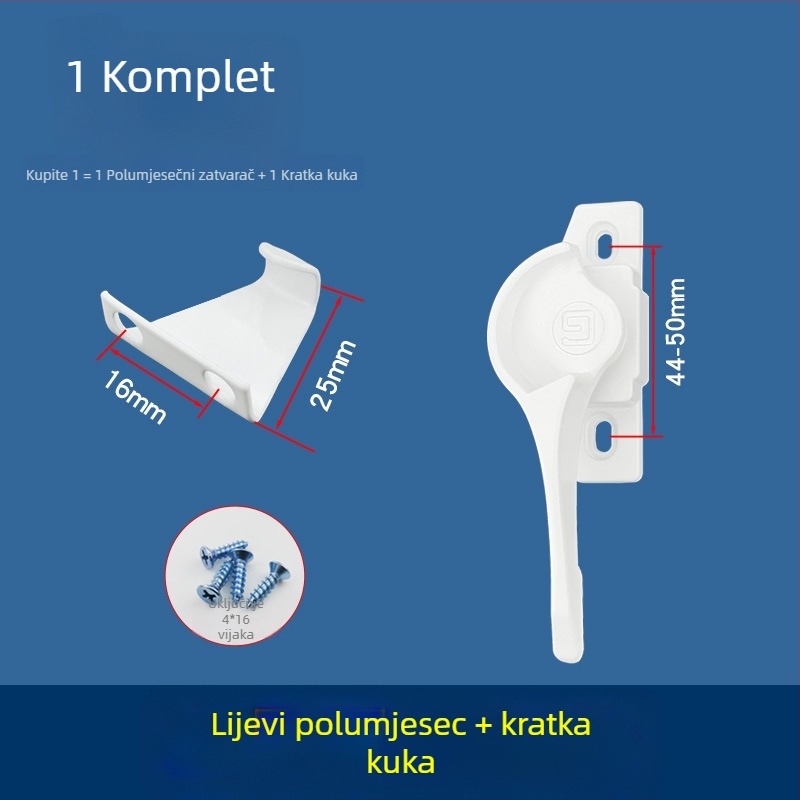 828 polukružni zasun za bijela klizna vrata i prozore, od aluminijskog legura