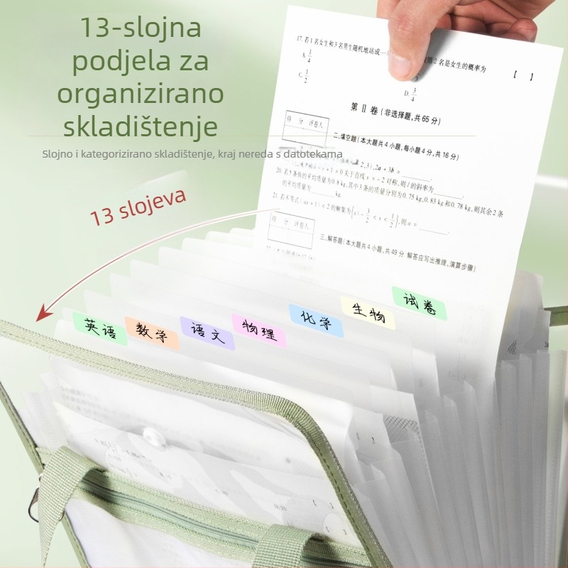 Ručna akordeonska fascikla s ručkom, 13 pretinaca, za učenike osnovne i srednje škole, uspravnog oblika