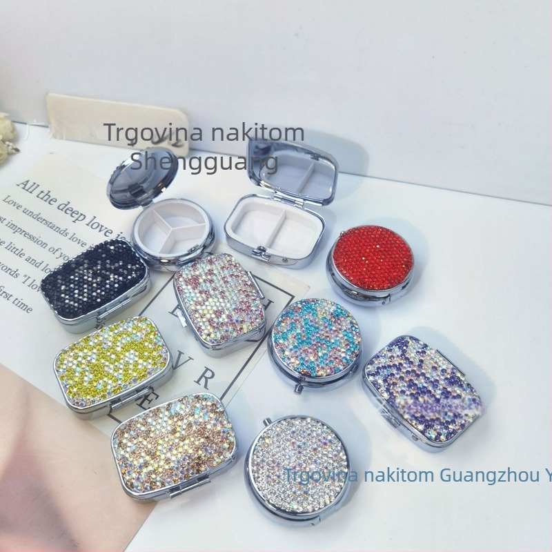 Kovinska kutija za tablete s dijamantima, mini putna kutija za pohranu, kvadratni ili kružni oblik, kutija za nakit i slatkiše