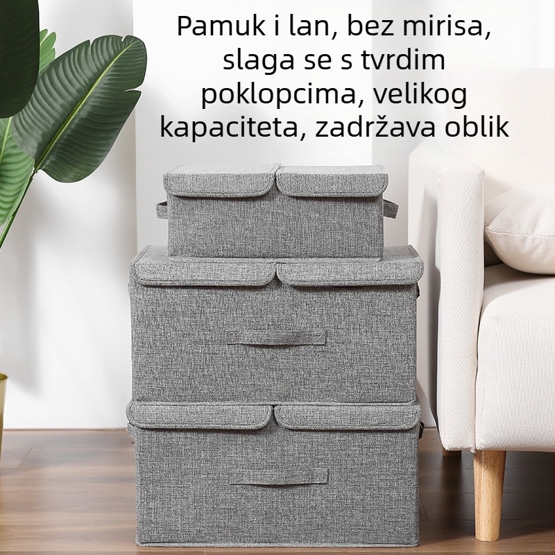 Kutija za skladištenje od pamuka i lana s dvostrukim poklopcem, periva, vodootporna i otporna na prašinu, organizator ormara za odjeću.