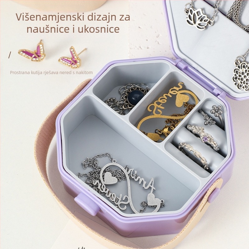 Prijenosna osmerokutna kutija za nakit od PET materijala sa ogledalom, razdijeljeni pretinci za ogrlice i prstenje, za putovanja i kućnu organizaciju