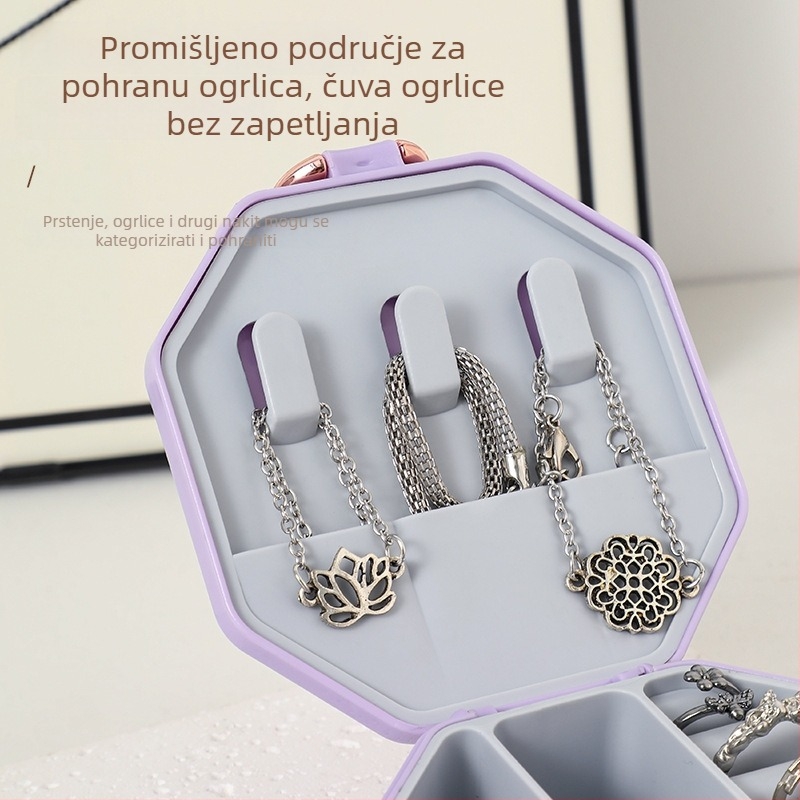 Prijenosna osmerokutna kutija za nakit od PET materijala sa ogledalom, razdijeljeni pretinci za ogrlice i prstenje, za putovanja i kućnu organizaciju