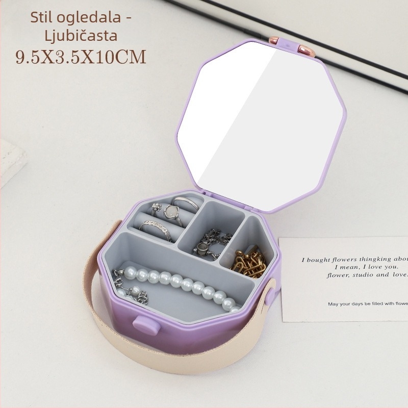 Prijenosna osmerokutna kutija za nakit od PET materijala sa ogledalom, razdijeljeni pretinci za ogrlice i prstenje, za putovanja i kućnu organizaciju