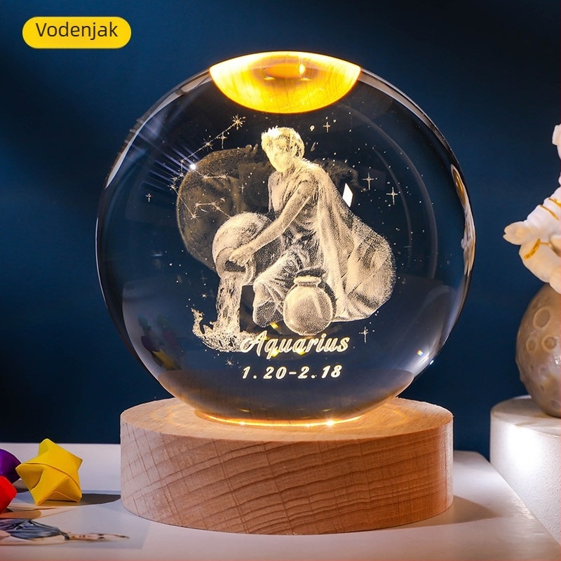 Svetleća kristalna kugla s 12 zviježđima zodijaka, unutarnja gravura Vage, drvena podloga, kreativni mali ukras