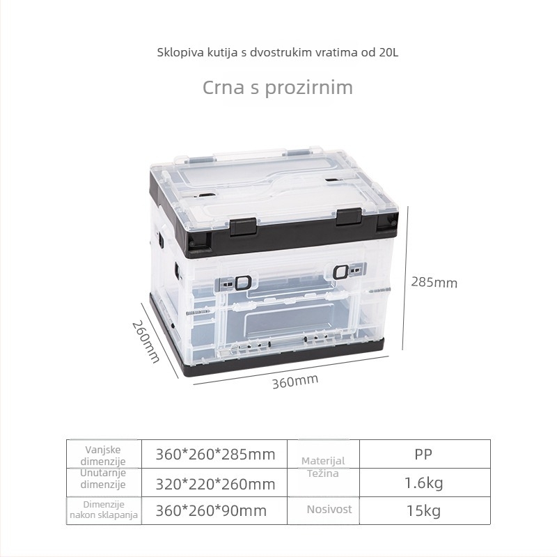 Prozirna sklopiva kutija za skladištenje sa bočnim vratima, usklađenih boja, za slaganje (20L, 28L, 50L, 65L)