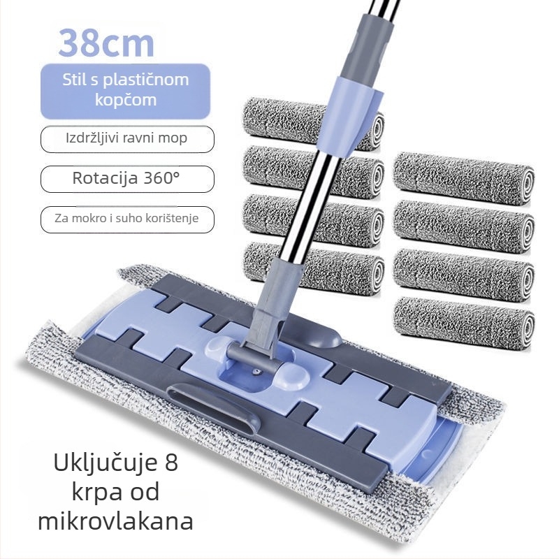 Ploški mop za suho i mokro čišćenje s krpom od mikrovlakana i teleskopskom ručkom od nehrđajućeg čelika, pogodan za drvene podove
