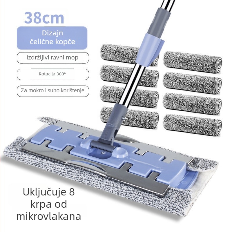 Ploški mop za suho i mokro čišćenje s krpom od mikrovlakana i teleskopskom ručkom od nehrđajućeg čelika, pogodan za drvene podove