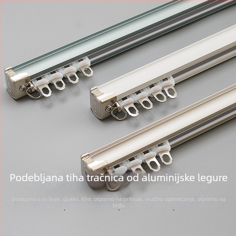 Aluminijska zavjesna šina s kliznim kolom, ravna šina i vodilice, dvostruka šina, bočni ili stropni ugradnja, tiha, prilagodljiva