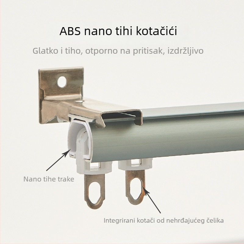 Aluminijska zavjesna šina s kliznim kolom, ravna šina i vodilice, dvostruka šina, bočni ili stropni ugradnja, tiha, prilagodljiva