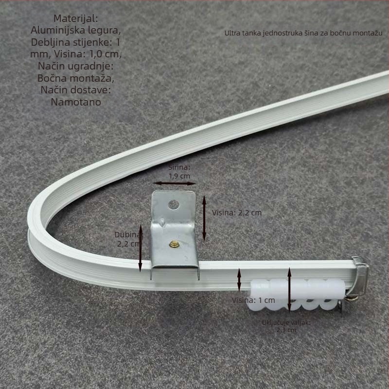 Aluminijska legura ultra-tanka zakrivljena tračnica zavjesa za prozore koji se otvaraju prema unutra i kutne prozore, U‑oblikovana uska tračnica, nevidljiv klizni kanal, montaža na vrh ili bočno