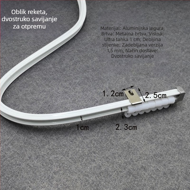Aluminijska legura ultra-tanka zakrivljena tračnica zavjesa za prozore koji se otvaraju prema unutra i kutne prozore, U‑oblikovana uska tračnica, nevidljiv klizni kanal, montaža na vrh ili bočno