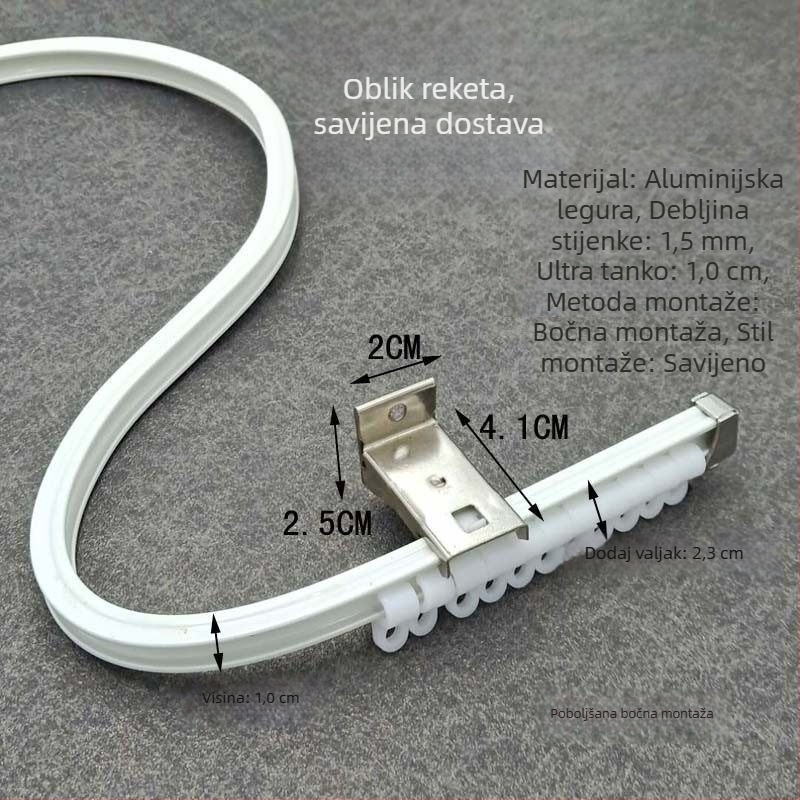 Aluminijska legura ultra-tanka zakrivljena tračnica zavjesa za prozore koji se otvaraju prema unutra i kutne prozore, U‑oblikovana uska tračnica, nevidljiv klizni kanal, montaža na vrh ili bočno