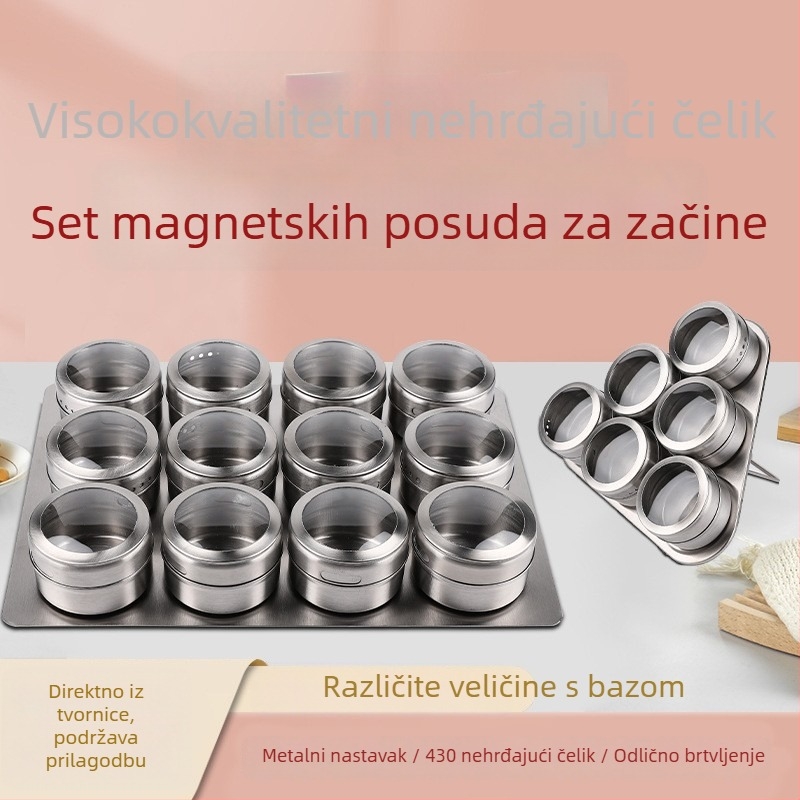 Magnetski prozirni set posuda za začine od nehrđajućeg čelika: posuda, boca i kutija za začine za vanjski roštilj, magnetski dizajn
