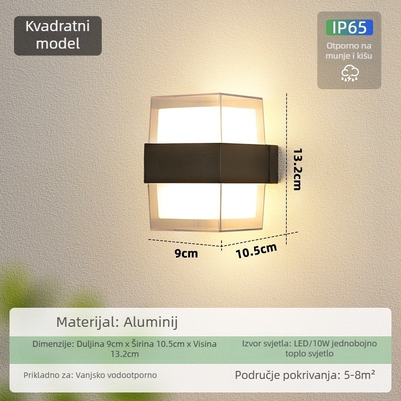 Vanjska zidna svjetiljka, vodootporna, aluminijsko kućište, moderni minimalistički dizajn, 12 LED, 3000K, 5000 lm, IP65