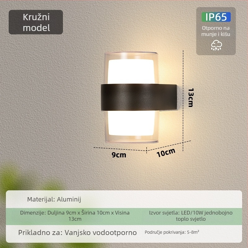 Vanjska zidna svjetiljka, vodootporna, aluminijsko kućište, moderni minimalistički dizajn, 12 LED, 3000K, 5000 lm, IP65