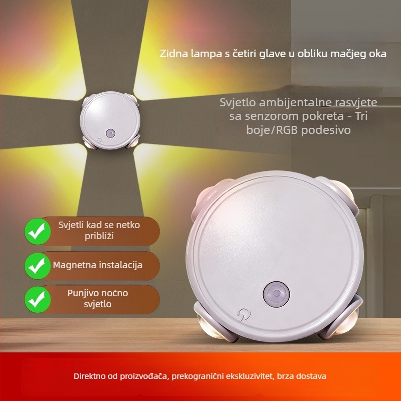 Senzor pokreta, minimalistična magnetna LED lampa za zid ili stol, u obliku oka mačke, višebojna LED s ugrađenom baterijom