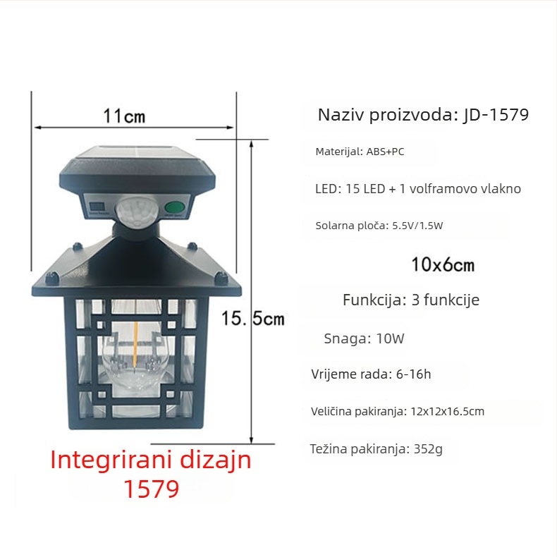 Solarna zidna svjetiljka s senzorom pokreta, vodootporna za vanjsko dvorište, dekorativno osvjetljenje za kuću ili vilu.