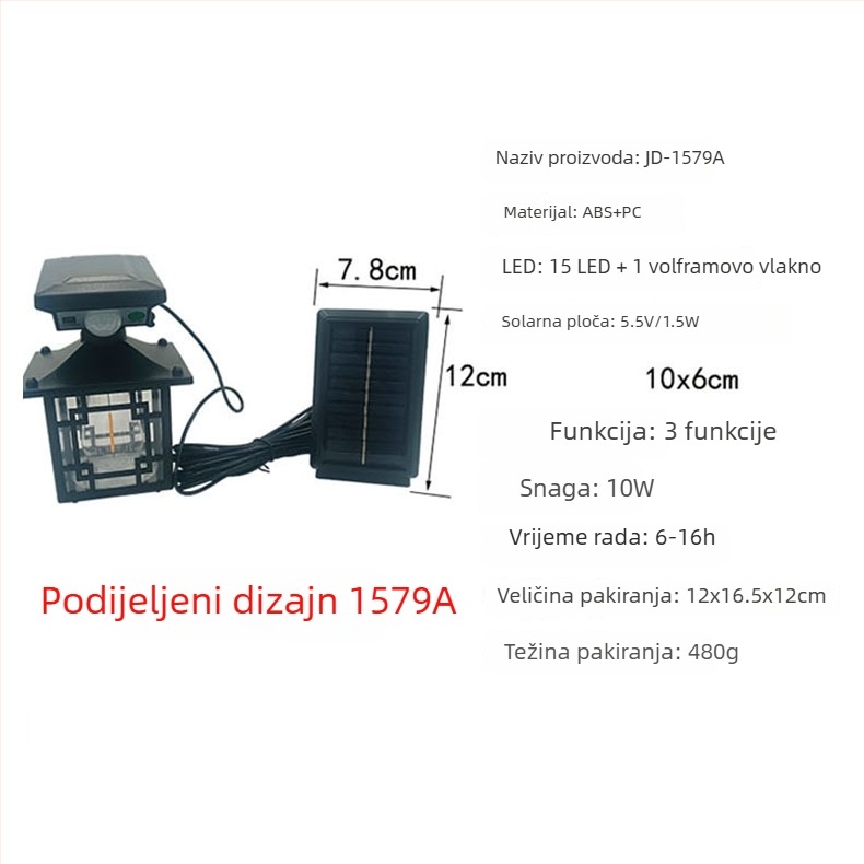 Solarna zidna svjetiljka s senzorom pokreta, vodootporna za vanjsko dvorište, dekorativno osvjetljenje za kuću ili vilu.