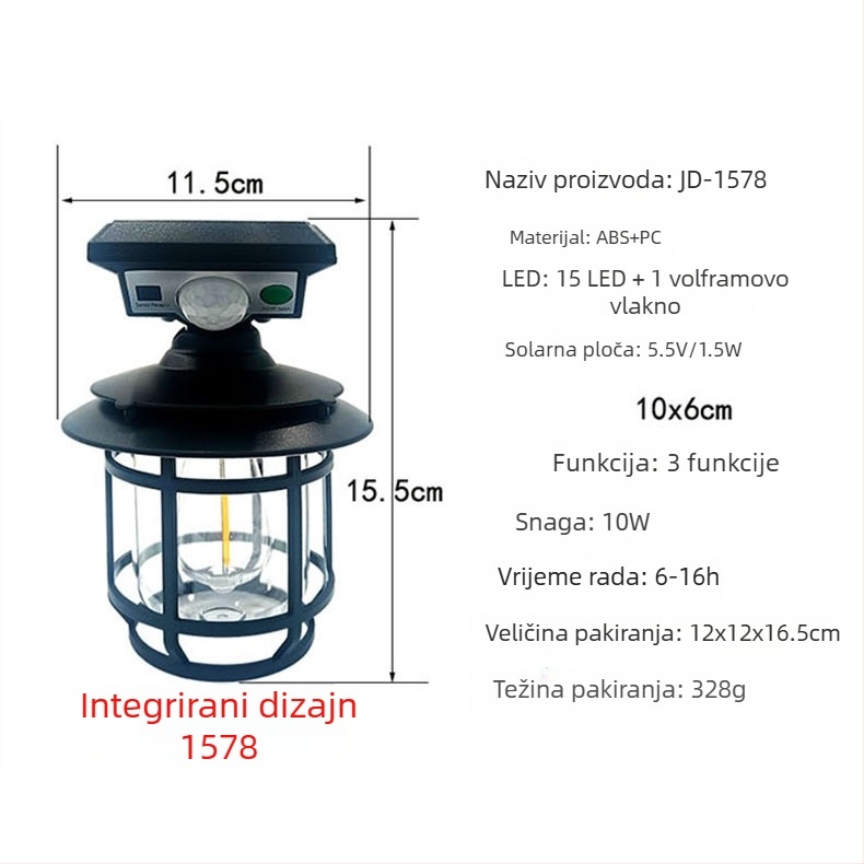 Solarna zidna svjetiljka s senzorom pokreta, vodootporna za vanjsko dvorište, dekorativno osvjetljenje za kuću ili vilu.