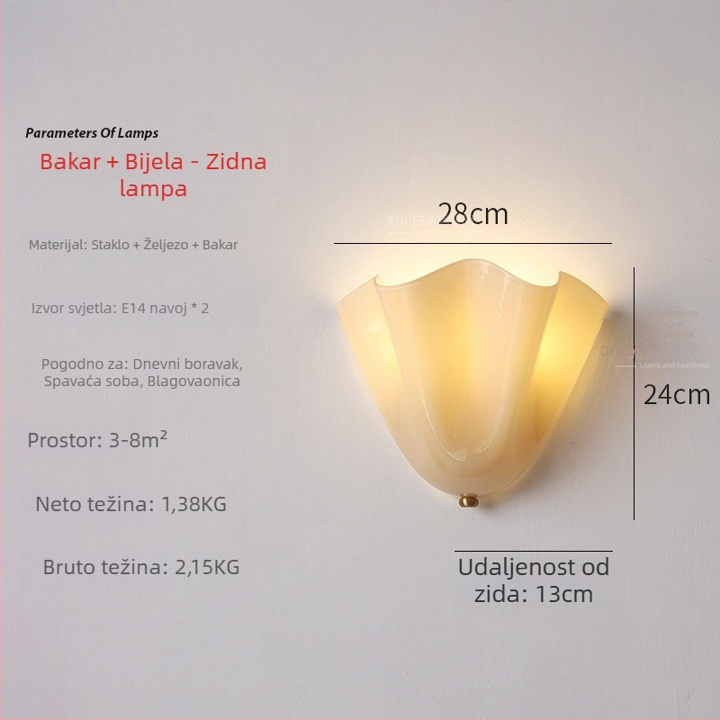 Staklena zidna lampa u stilu američkog retroa i francuskog wabi-sabija, školjkast oblik, dekor za dnevni boravak, hodnik i spavaću sobu