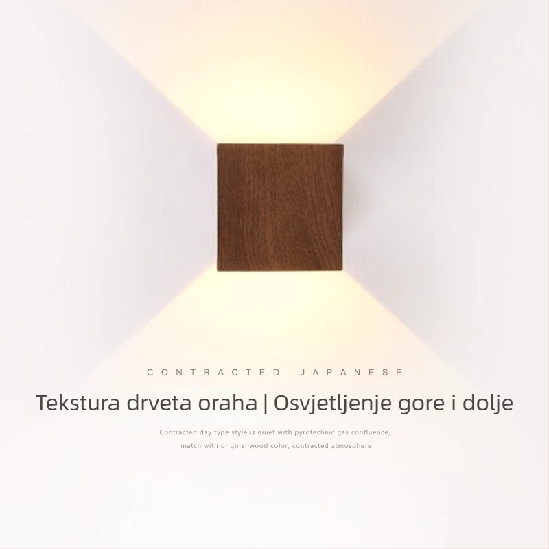 Moderna LED zidna svjetiljka u kineskom stilu, minimalističkog kvadratnog oblika, orah boja, pogodna za spavaću sobu i hodnik
