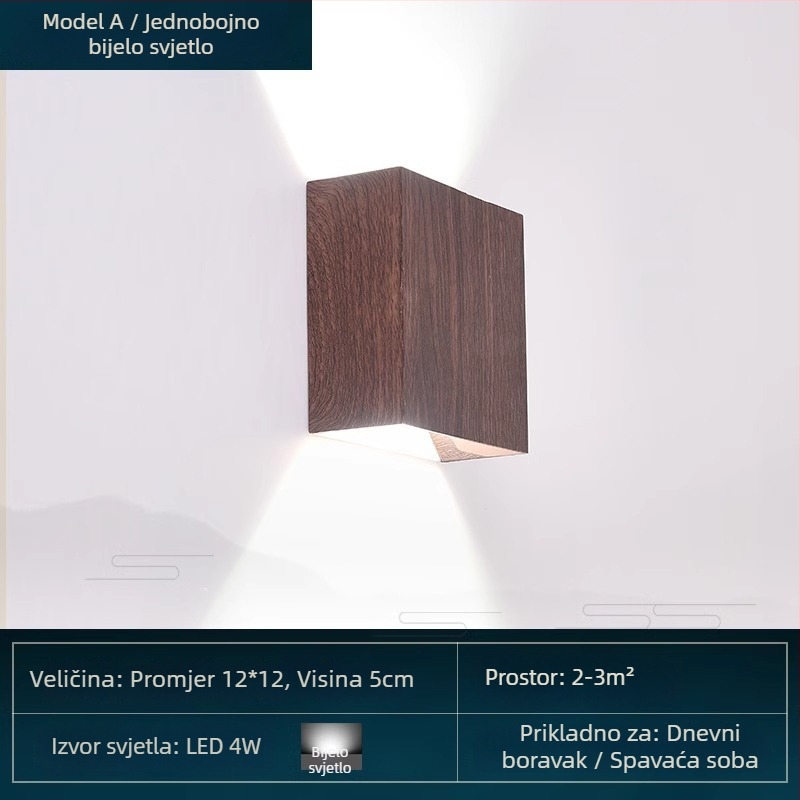 Moderna LED zidna svjetiljka u kineskom stilu, minimalističkog kvadratnog oblika, orah boja, pogodna za spavaću sobu i hodnik