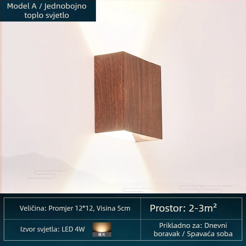 Moderna LED zidna svjetiljka u kineskom stilu, minimalističkog kvadratnog oblika, orah boja, pogodna za spavaću sobu i hodnik