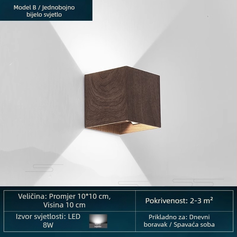 Moderna LED zidna svjetiljka u kineskom stilu, minimalističkog kvadratnog oblika, orah boja, pogodna za spavaću sobu i hodnik