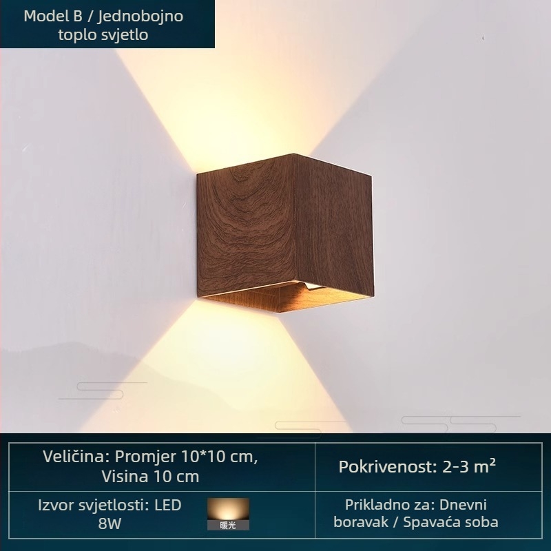 Moderna LED zidna svjetiljka u kineskom stilu, minimalističkog kvadratnog oblika, orah boja, pogodna za spavaću sobu i hodnik