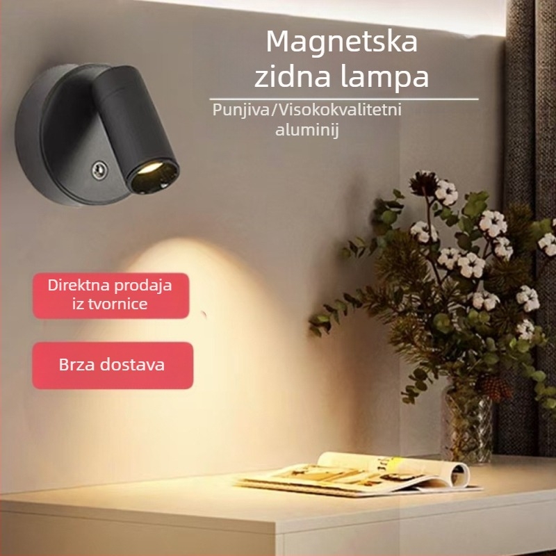 Zidna lampa pored kreveta za čitanje, punjiva, bez kablova, bez ugradnje, okretna noćna lampa europskog stila s magnetskim dodirnim prekidačem