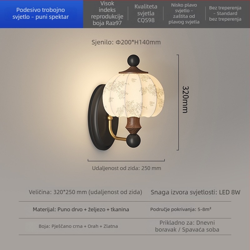 Zidna lampa s platnenim sjenilom, inspirirana Song dinastijom, moderni kineski stil za spavaću sobu i dnevnu sobu, zen motiv na tkanini