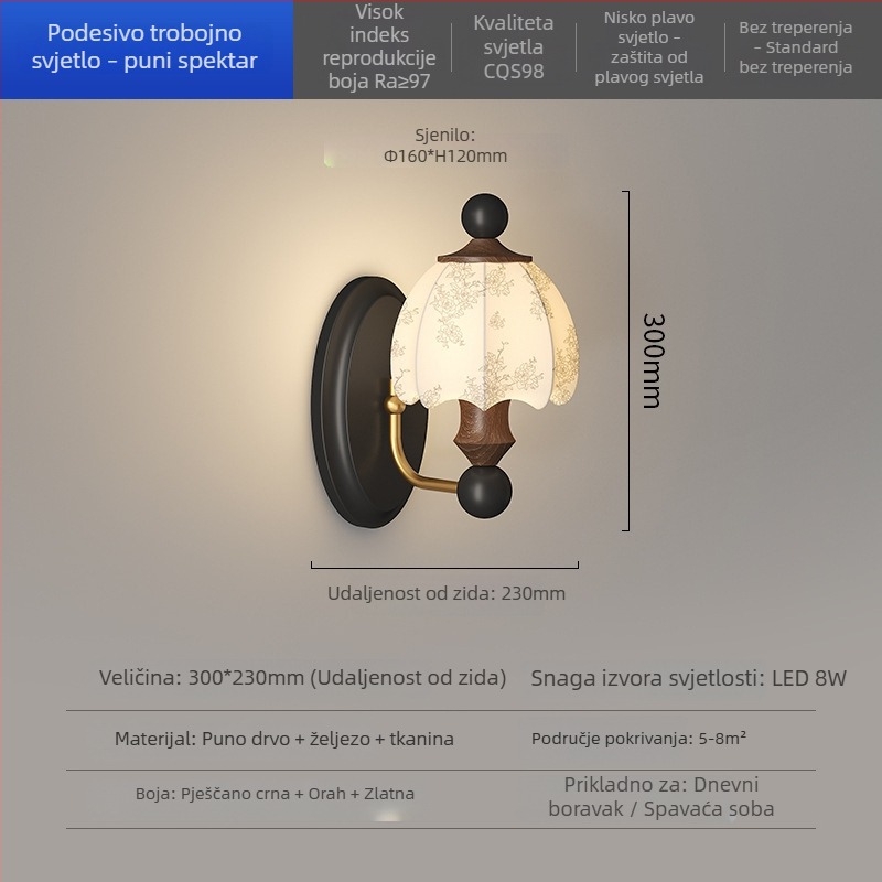 Zidna lampa s platnenim sjenilom, inspirirana Song dinastijom, moderni kineski stil za spavaću sobu i dnevnu sobu, zen motiv na tkanini