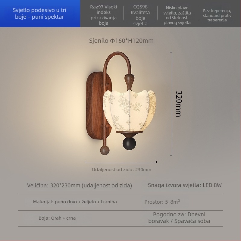 Zidna lampa s platnenim sjenilom, inspirirana Song dinastijom, moderni kineski stil za spavaću sobu i dnevnu sobu, zen motiv na tkanini