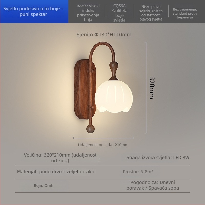 Zidna lampa s platnenim sjenilom, inspirirana Song dinastijom, moderni kineski stil za spavaću sobu i dnevnu sobu, zen motiv na tkanini