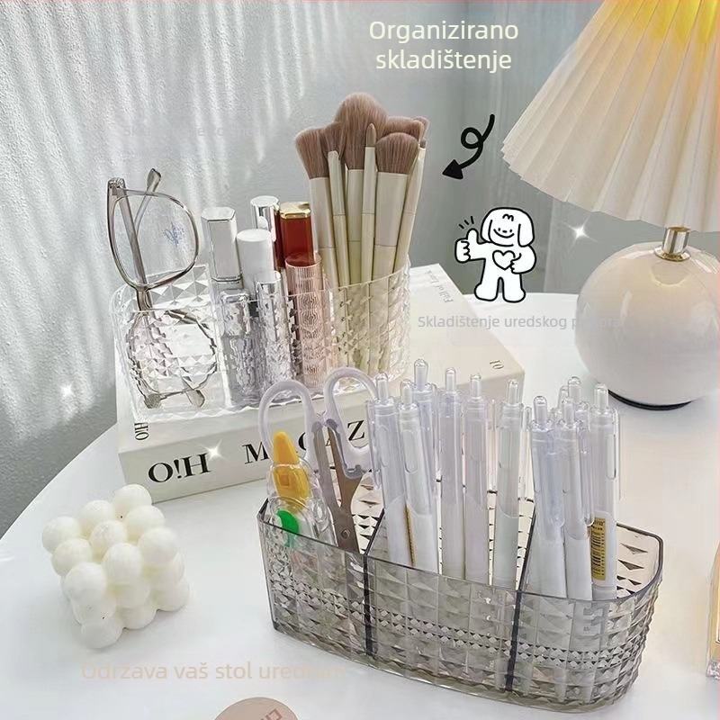 Yushun 6608 Kutija za pohranu četkica za šminku s pretincima, organizator s tri odjeljka, prugasti uzorak, plast, 18,5×6×8 cm, 888 ml