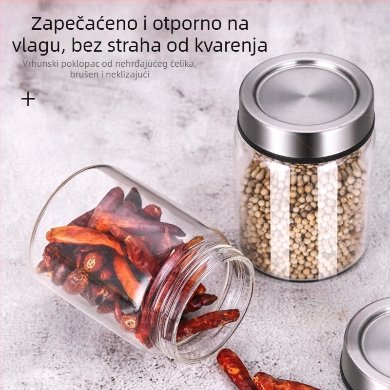 Toplotno otporno staklo posuda za začine s poklopom od nehrđajućeg čelika, vodonepropusni poklop, skladištenje hrane, višenamjenski