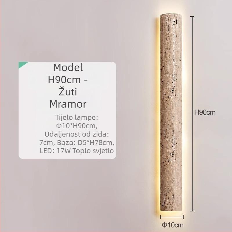 Žuto travertinsko linearno LED zidno svjetlo, u stilu Wabi-Sabi, dizajnerska retro atmosfera za stubište i pozadinu dnevnog boravka