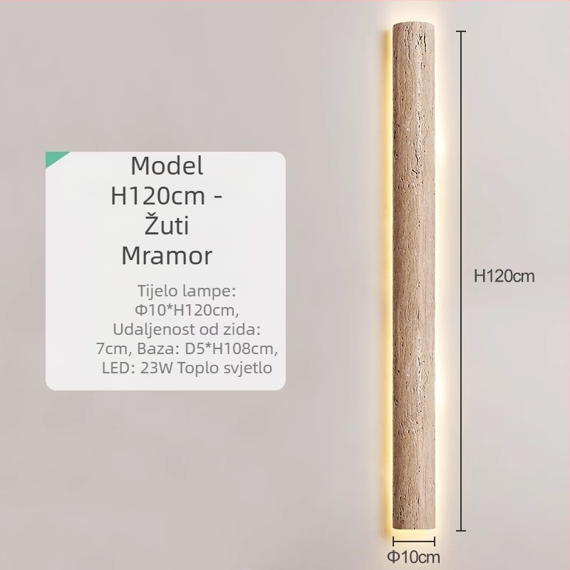 Žuto travertinsko linearno LED zidno svjetlo, u stilu Wabi-Sabi, dizajnerska retro atmosfera za stubište i pozadinu dnevnog boravka